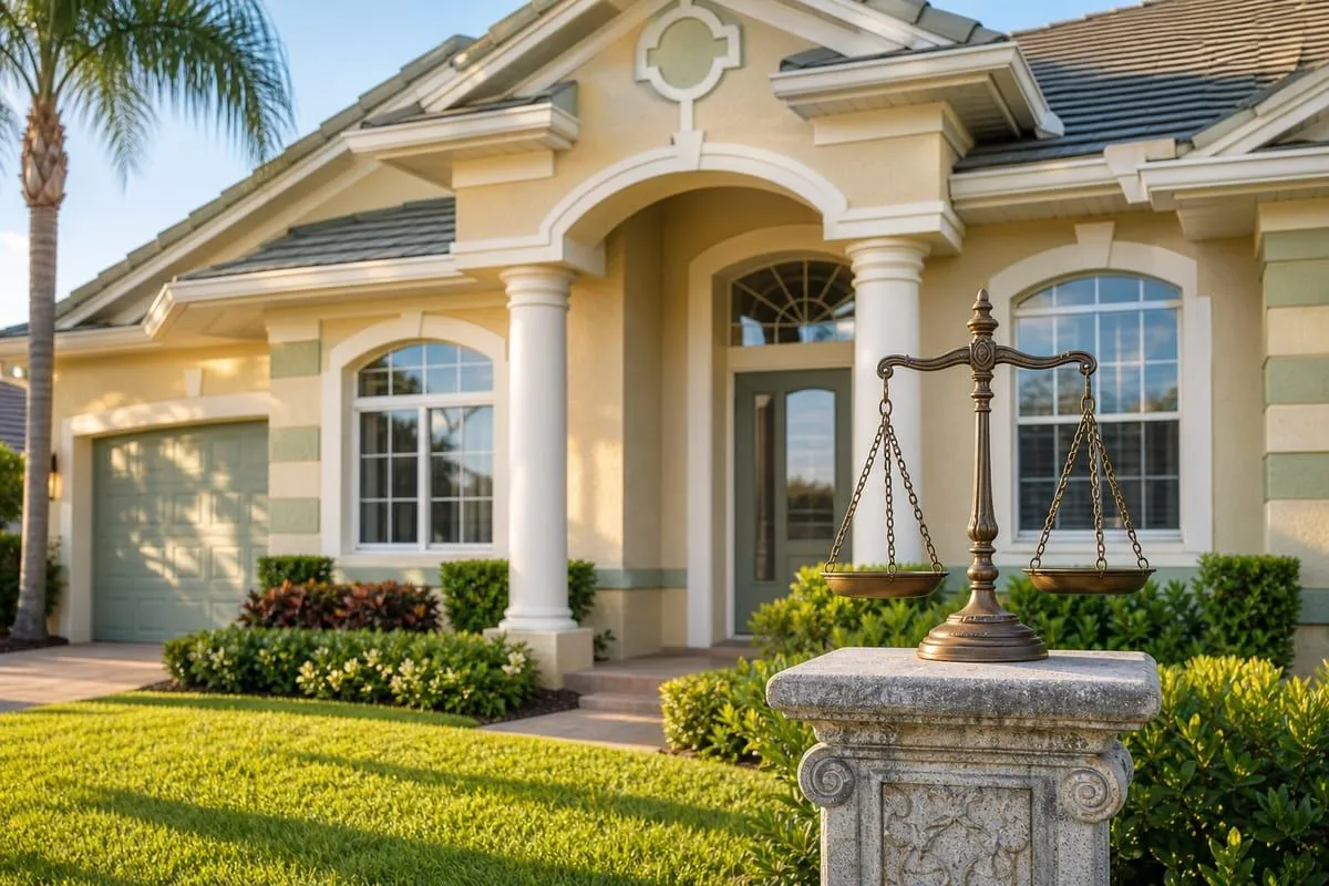 Scales of justice in front of a well-painted Florida home exterior