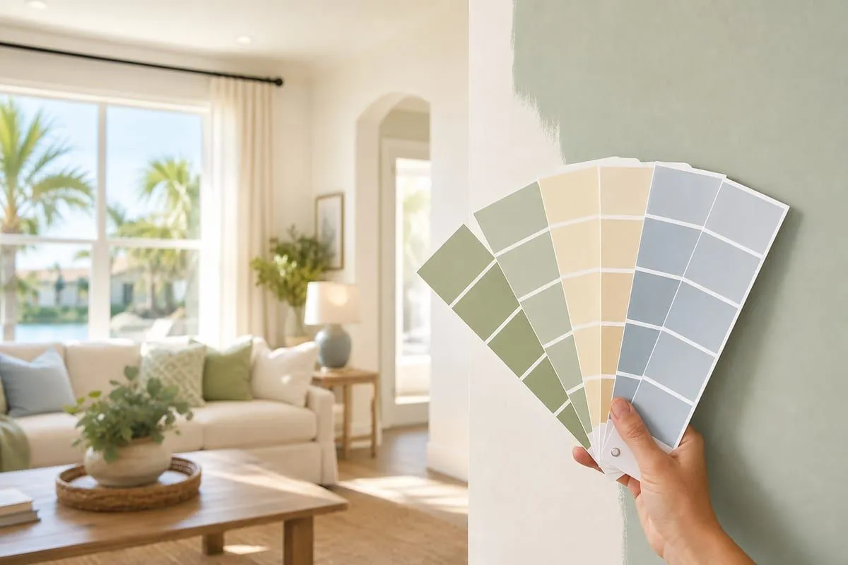 Paint color swatches held against a sunlit Florida interior wall
