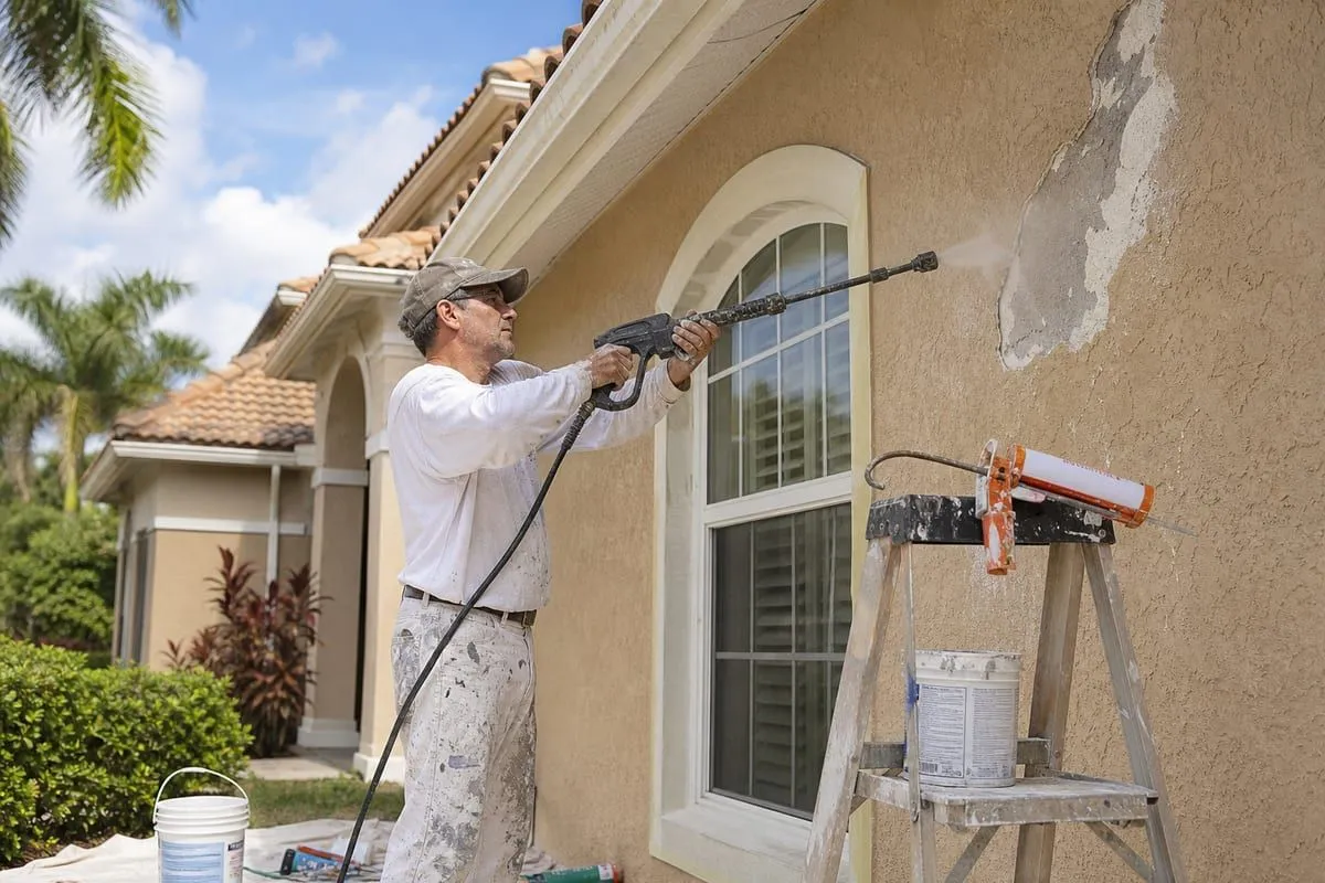 Painter pressure-washing and prepping the stucco exterior of a Florida home in Brevard County